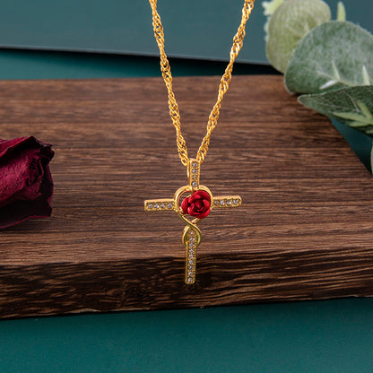 Fashion Rose Flower Cross Necklace Gold Crystal Infinity Anka Pendant Necklaces For Women Religious Jewelry