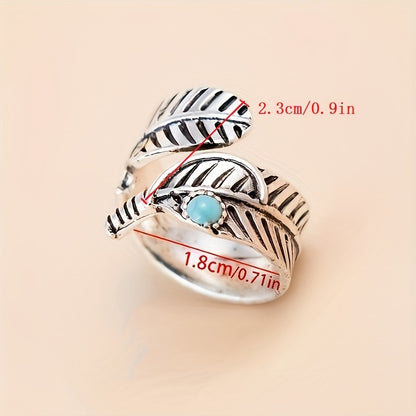Vintage Feather Turquoise Open Ring Jewelry For Women
