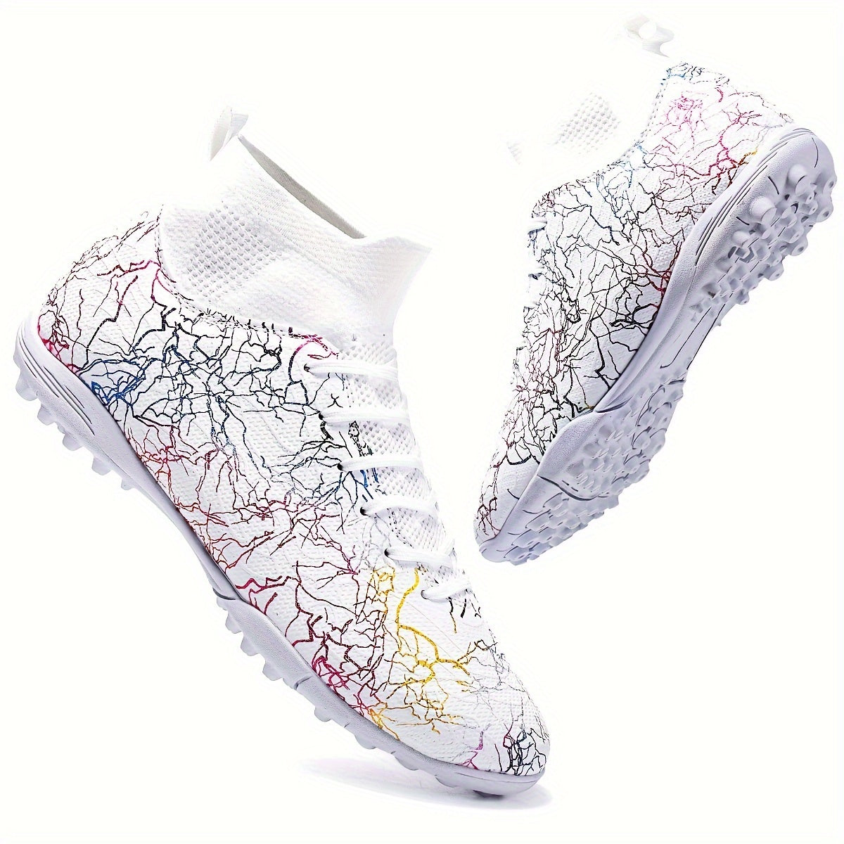 Men's Trendy Color Intrigue Striped TF Football Shoes With Collar, Professional Non Slip Durable Soccer Shoes For Outdoor Training Competition, All Seasons