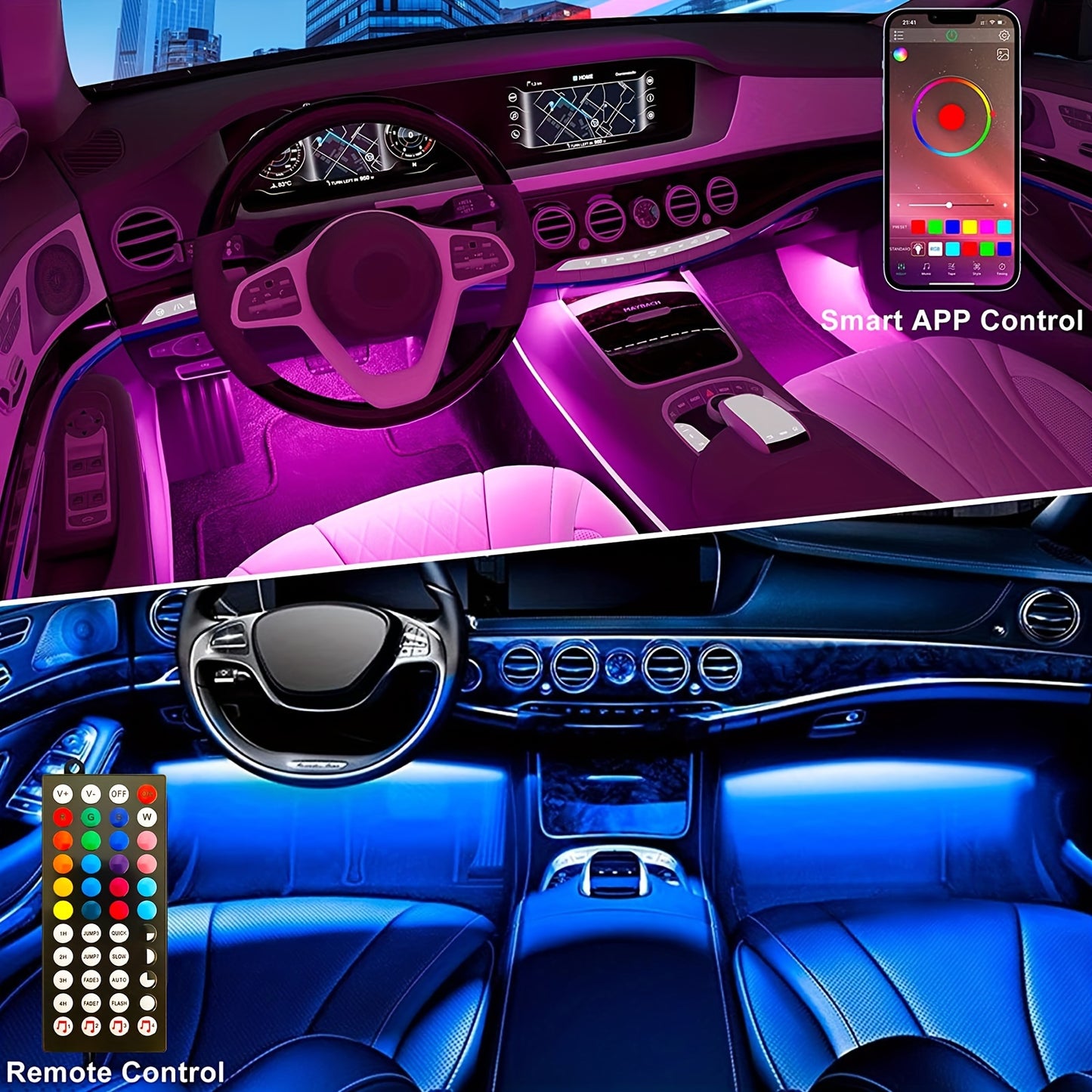 RGB Interior Car Lights, Car LED Ambient Lights, smart Car Interior Lights With 44-Key Remote Control And App Control, water-resistant, with DIY Mode And Music Mode, Can Switch Colors With The Rhythm Of Music, Suitable For Ca