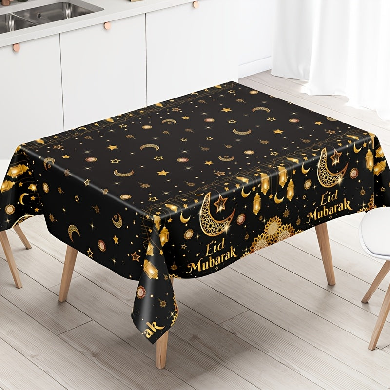 1pc,Moon Star Lantern Eid Mubarak Tablecloth,130*220cm PE Tablecover,Black Gold Table Cloth,Ramadan Decoration for Home,Eid Al-Fitr Gifts,Islamic Muslim Party Supplies,Ramadan Kareem Eid Al Adha Table Decoration