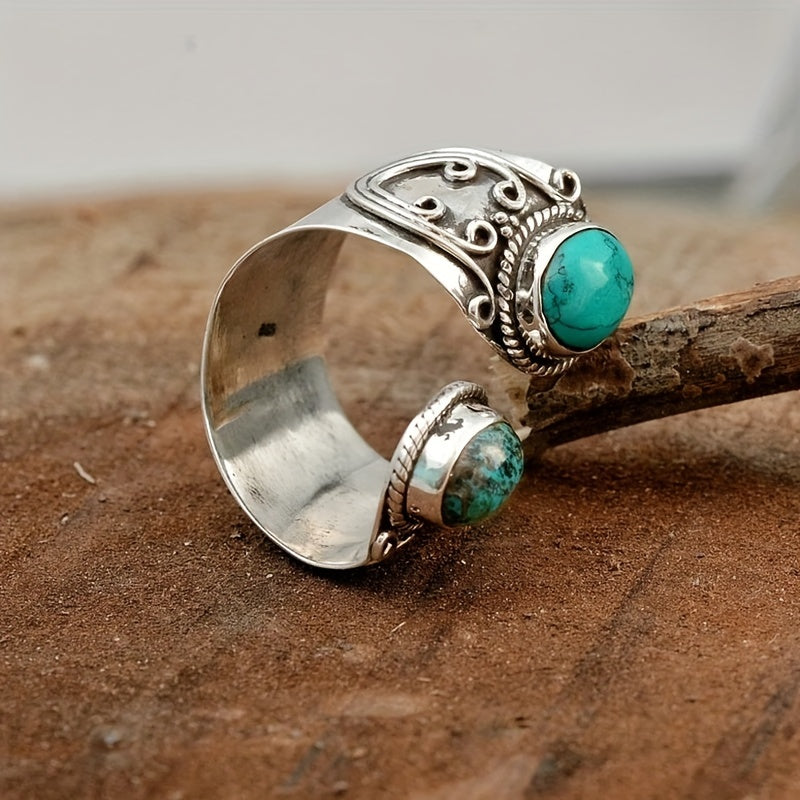 Vintage Boho Style Synthetic Faux Gemstone Ring with Zinc Alloy, Single Ring, Mosaic Design, Adjustable Band, Fashion Jewelry Accessory