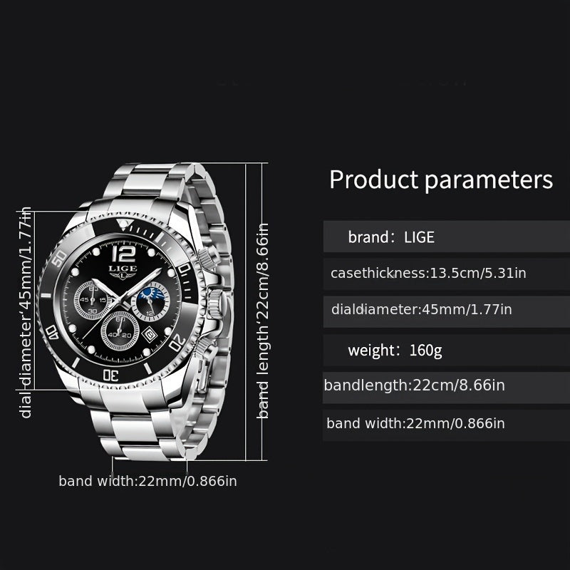 LIGE Watches men&women's Top Brand Luxury Clock Casual Stainless Steel men&women's Watch Sports Quartz Chronograph, Suitable for Women&women