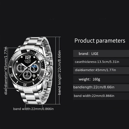 LIGE Watches men&women's Top Brand Luxury Clock Casual Stainless Steel men&women's Watch Sports Quartz Chronograph, Suitable for Women&women
