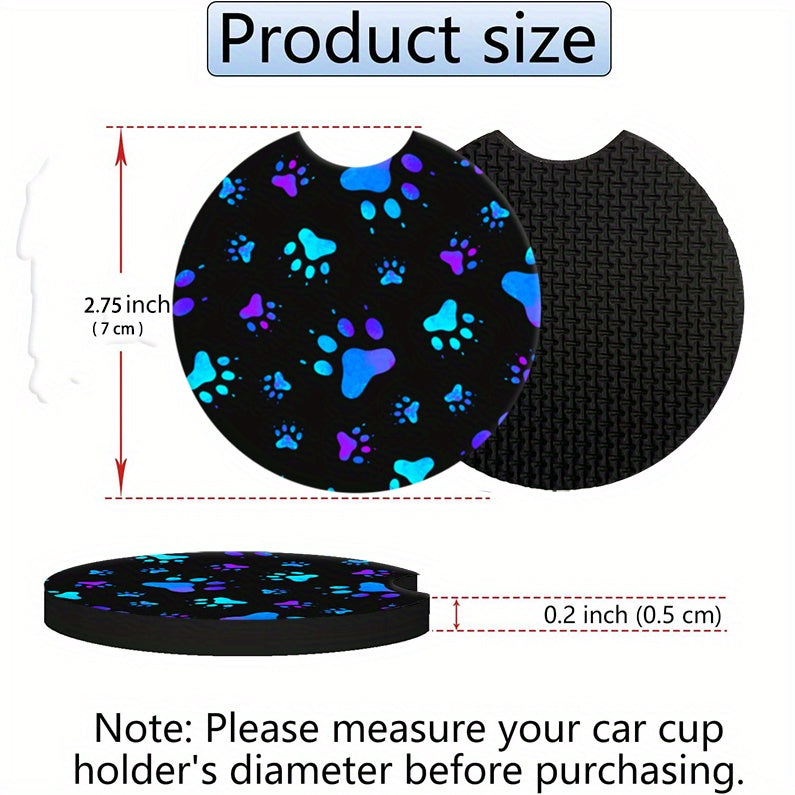 2-Pack Blue Dog Paw Car Cup Holder Coasters - Absorbent Rubber Decal Decor Accessories For Women & Men