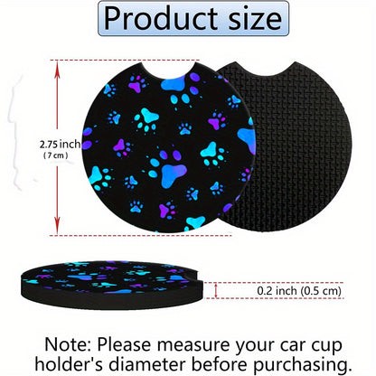 2-Pack Blue Dog Paw Car Cup Holder Coasters - Absorbent Rubber Decal Decor Accessories For Women & Men