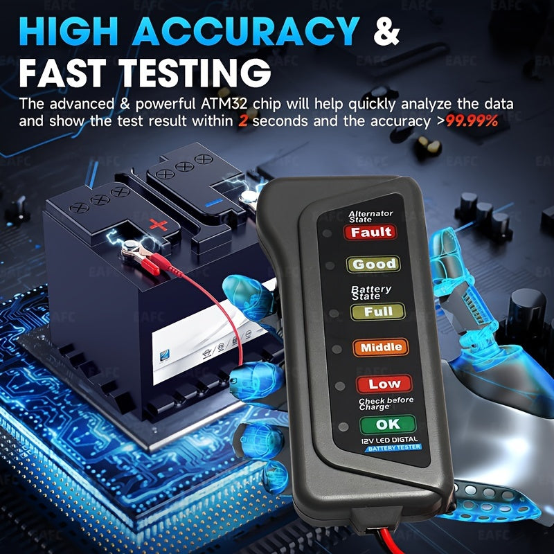 EAFC 12V Car Motorcycle Battery Tester Digital Alternator Tester 6 LED Lights Display Car Diagnostic Tool Auto Battery Tester Auto Repair
