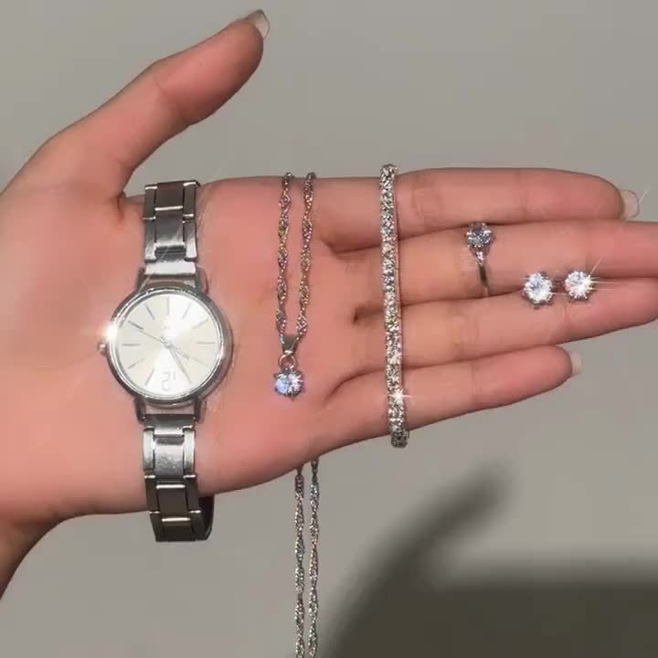 Six Elegant Ladies Quartz Watches And Bracelet Suits-Round Zinc Alloy Case, Stainless Steel Strap, Casual Round Simulation Dial with Steel Band, Shock-Proof Movement