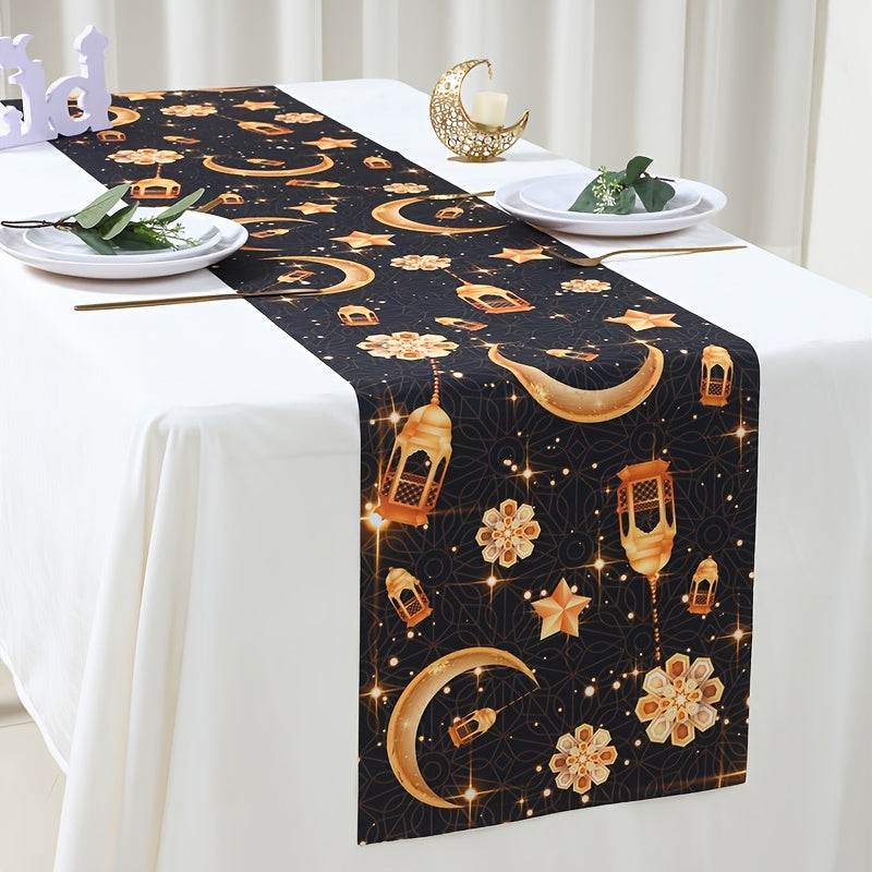 1pc Eid Mubarak Table Runner | Moon Star Sun Design Black Golden Table Runner, Ramadan Kareem Table Decor, Polyester Rectangle, Ramadan Decorations For Home, Muslim Party Decoration Eid Al Adha Gifts