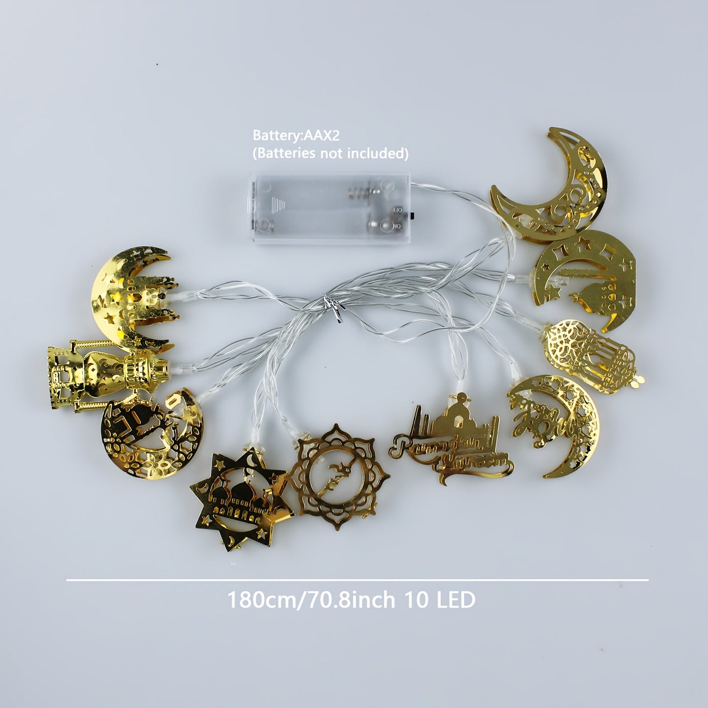 1pc, Mix Style Iron Hollowed Out Ramadan String Lights, 1.8m/70.8inch 10 LED Battery Operated, Ramadan Decorations, Bedroom, Ramadan Lights, Living Room Decor, Eid Mubarak, for home, Smart, Spring, Summer, Holiday Decor (Batt