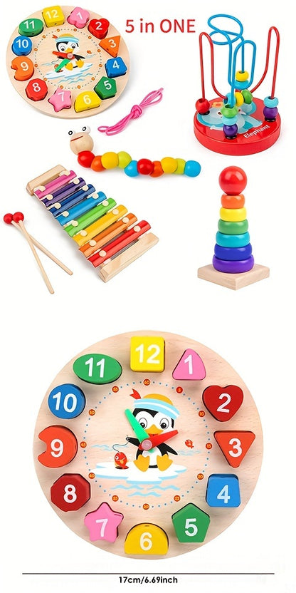 5-in-1 Montessori Nursery Wooden Eight Piano Set Gifts, Enlightenment Clock Toys, Caterpillar Shaped, Multifunctional Teaching Toys, Building Blocks Focus Exercise Toys