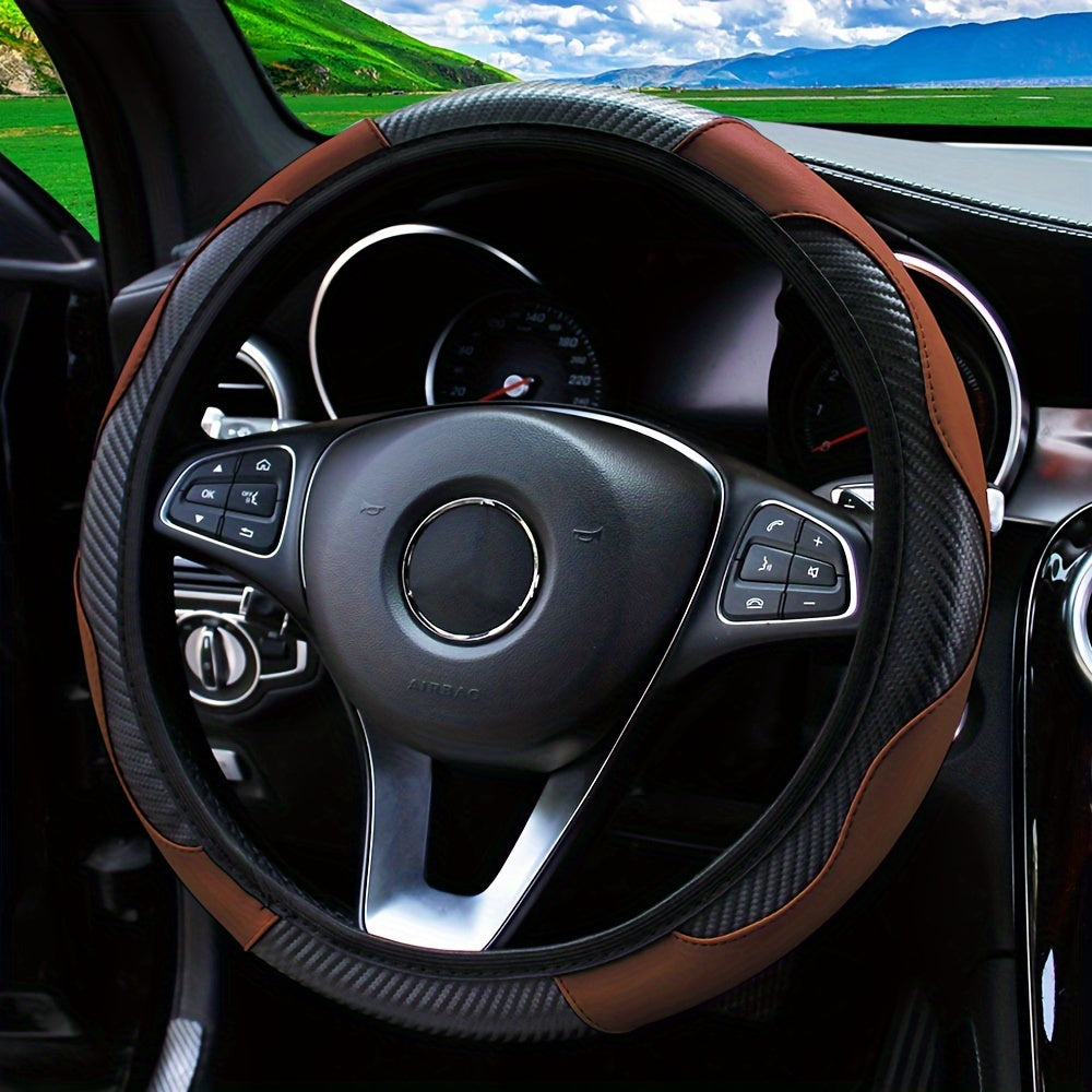 Universal Car Steering Wheel Cover, Carbon Fiber Elastic PU Leather, Wear-Resistant Non-Slip, 36.83-38.1cm, No Inner Ring, Car Accessories for Vehicle Interior Decor