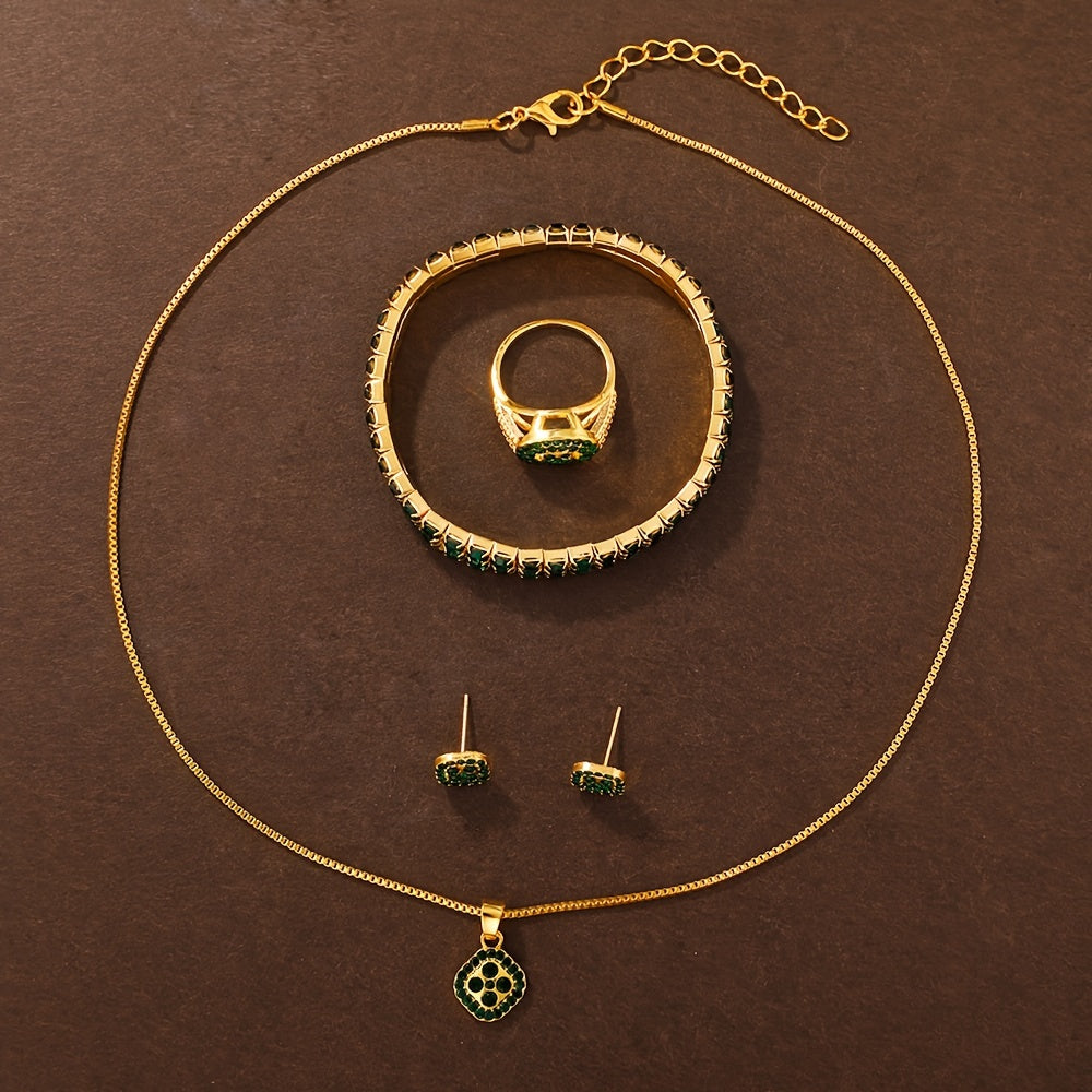 "Dazzling Digital" Luxury 6-Piece Women'S Fashion Set: Green Rhinestone Quartz Watch With Gold Band & Matching Jewelry - Perfect Gift For Her