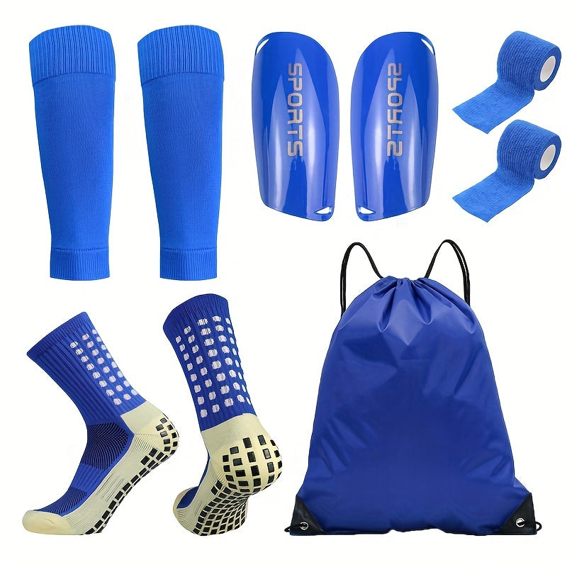 5-Piece Soccer Sports Gear Set with Silicone Grip Football Socks, Shin Guards, Protective Gear, Drawstring Backpack and Sports Tapes - Polyester and Elastane Knitted Tube Socks Solid Color Hand and Machine Washable