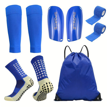 5-Piece Soccer Sports Gear Set with Silicone Grip Football Socks, Shin Guards, Protective Gear, Drawstring Backpack and Sports Tapes - Polyester and Elastane Knitted Tube Socks Solid Color Hand and Machine Washable