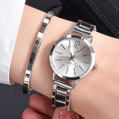 Six Elegant Ladies Quartz Watches And Bracelet Suits-Round Zinc Alloy Case, Stainless Steel Strap, Casual Round Simulation Dial with Steel Band, Shock-Proof Movement