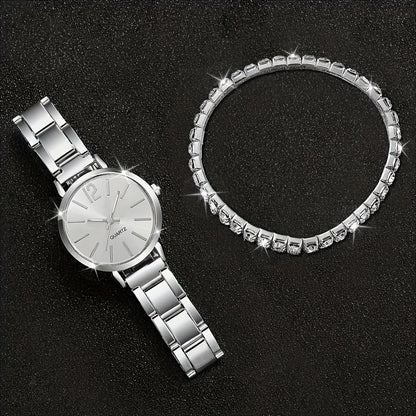 Six Elegant Ladies Quartz Watches And Bracelet Suits-Round Zinc Alloy Case, Stainless Steel Strap, Casual Round Simulation Dial with Steel Band, Shock-Proof Movement