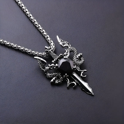 Gothic Knight Double Dragon Cross Sword Pendant Necklace - Vintage Punk Rock Style, Alloy with Black & Red Synthetic Gemstonestone Accents, Ideal for Couples, Parties & Gifts, Festive Jewelry|Punk Rock Jewelry|Intricate Craft