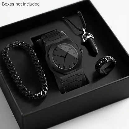 4pcs Men's Luxury Quartz Watch & Accessory Gift Set - Black Modern Polygonal Dial Analog Watch with Black Dial & White Hands, Black Strap, Matching Necklace & Ring - Battery-Powered Quartz Movement, Ideal Christmas/Birthday G