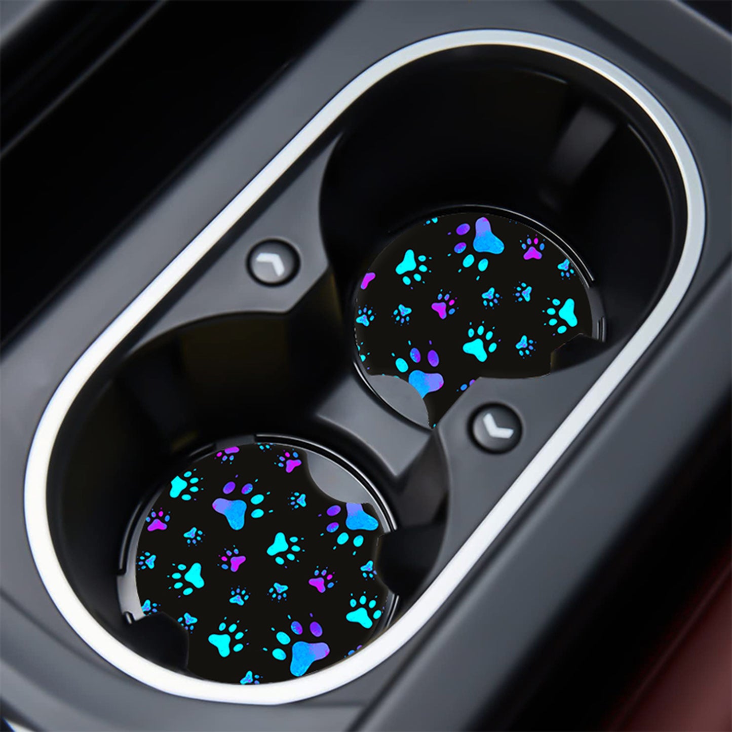 2-Pack Blue Dog Paw Car Cup Holder Coasters - Absorbent Rubber Decal Decor Accessories For Women & Men