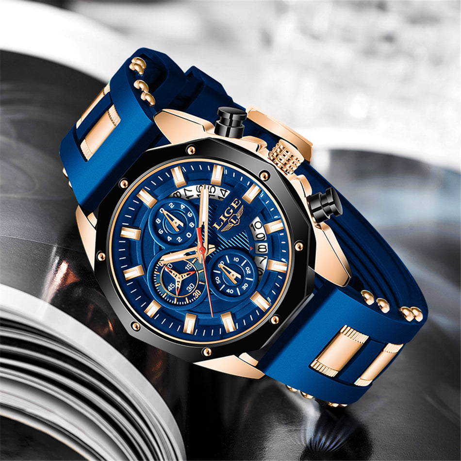 LIGE Mens Watches With Silicone Strap Sport Chronograph Quartz Watch