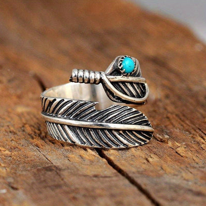 Vintage Feather Turquoise Open Ring Jewelry For Women