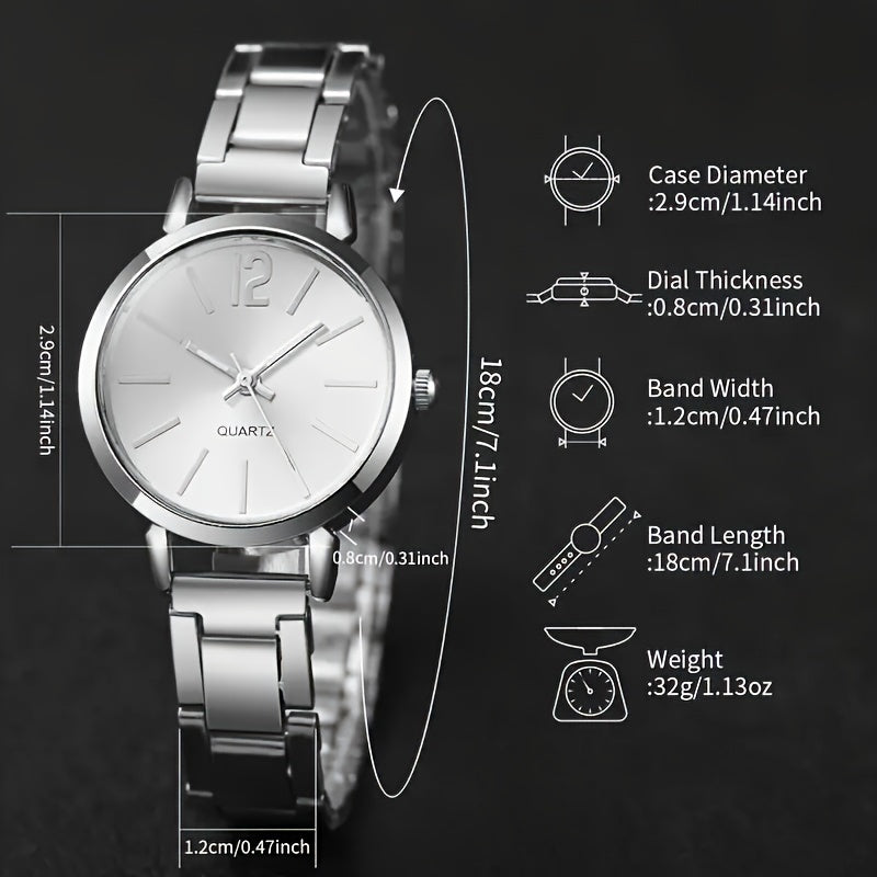 Six Elegant Ladies Quartz Watches And Bracelet Suits-Round Zinc Alloy Case, Stainless Steel Strap, Casual Round Simulation Dial with Steel Band, Shock-Proof Movement