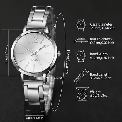 Six Elegant Ladies Quartz Watches And Bracelet Suits-Round Zinc Alloy Case, Stainless Steel Strap, Casual Round Simulation Dial with Steel Band, Shock-Proof Movement