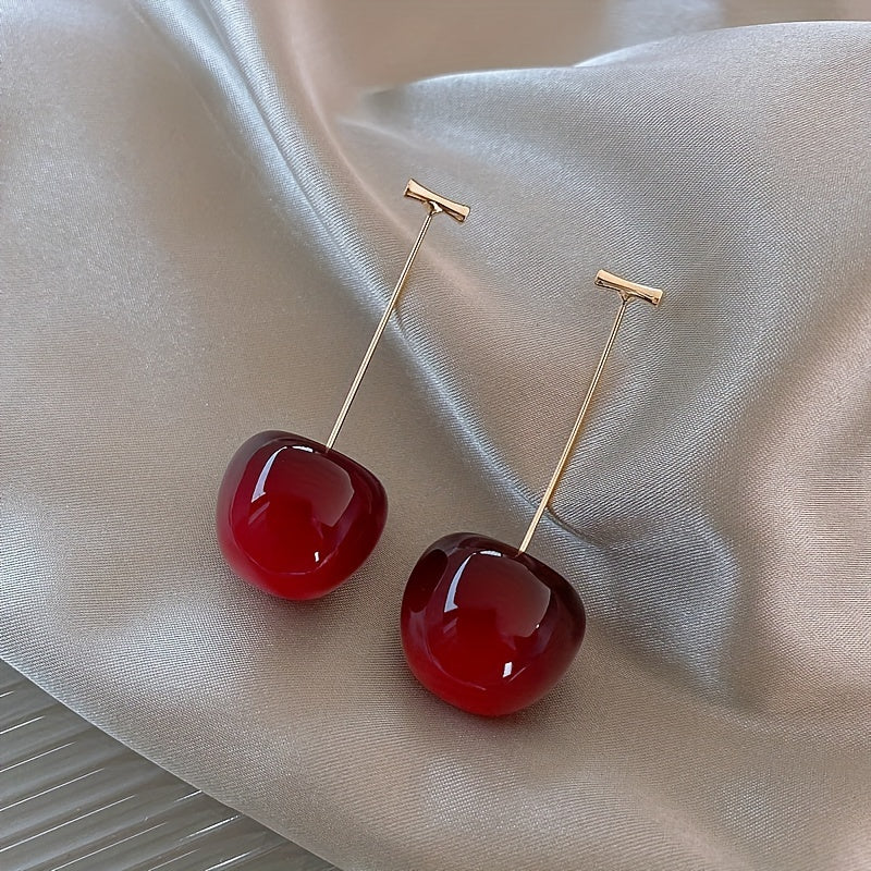 1pc, Fruit Cherry Drop Earrings, Red Fruit Fashion Jewelry, Size 2.11cm X 4.32cm