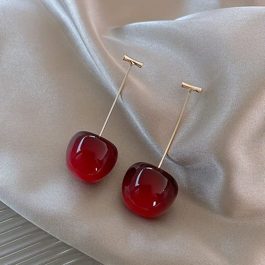 1pc, Fruit Cherry Drop Earrings, Red Fruit Fashion Jewelry, Size 2.11cm X 4.32cm