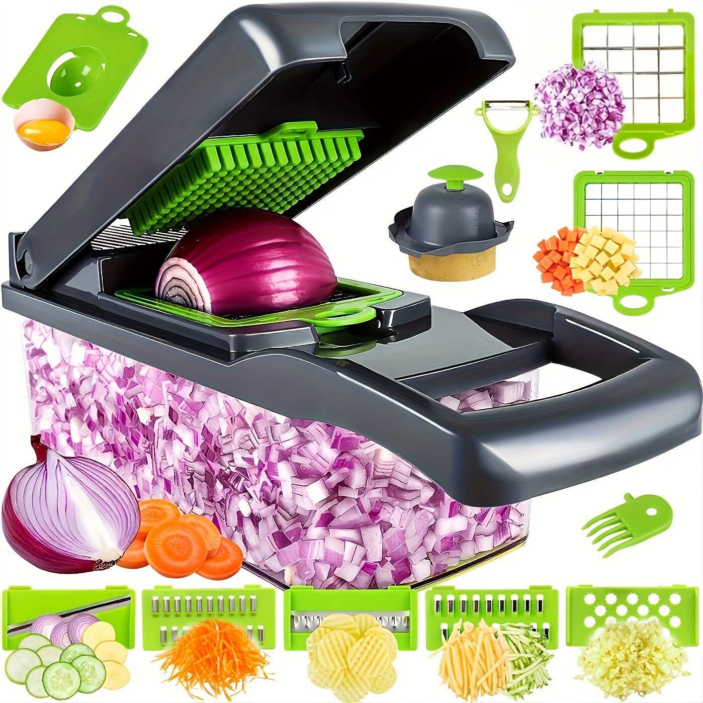1 Set, 16in1 Vegetable Chopper, Multifunctional Fruit Slicer, Manual Food Grater, Vegetable Slicer, Cutter With Container And 8 Blades, Onion Mincer Chopper, Household Potato Shredder, Kitchen Stuff, Kitchen Gadgets, Dorm Ess