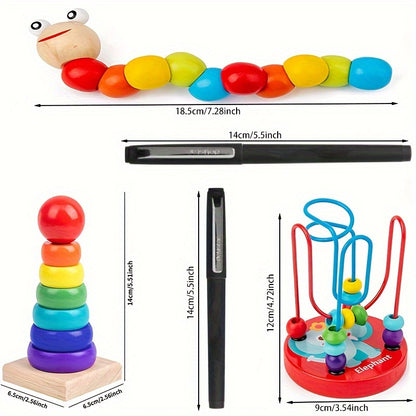 5-in-1 Montessori Nursery Wooden Eight Piano Set Gifts, Enlightenment Clock Toys, Caterpillar Shaped, Multifunctional Teaching Toys, Building Blocks Focus Exercise Toys