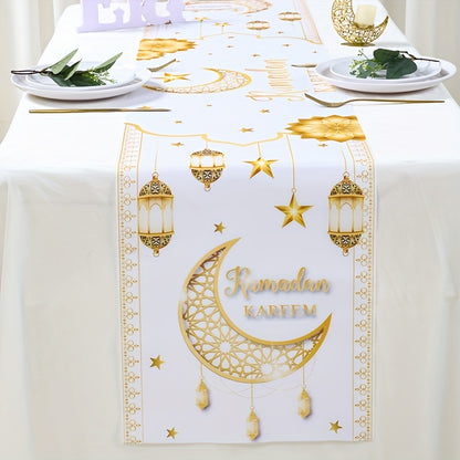 1pc Patimate Ramadan Kareem & Eid Mubarak Table Runner - White & Golden Islamic Crescent Moon and Star Decorations, Muslim Home Table Decor Suitable for Ramadan & Eid Al-Fitr Celebrations, Elegant Islamic Table Cover