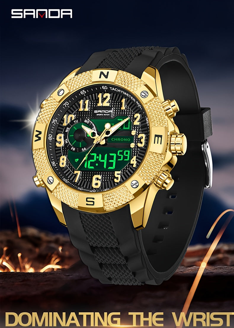 SANDA Men's Sports Watch, Analog Digital LED Electronic Quartz Men's Watch, Waterproof Alarm Stopwatch Countdown Week Multi-function Wristwatch Men's Birthday Holiday Gift 3308