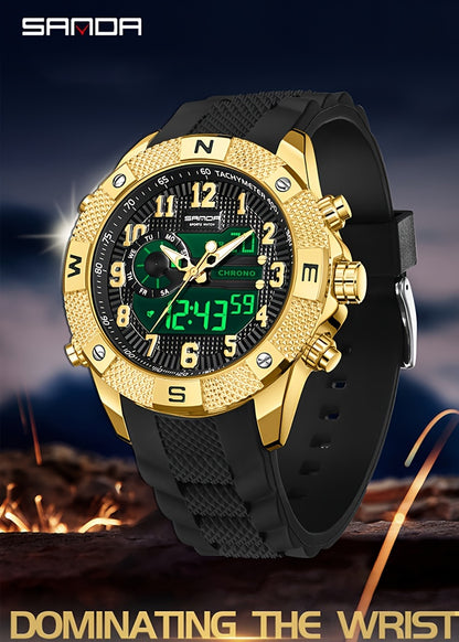 SANDA Men's Sports Watch, Analog Digital LED Electronic Quartz Men's Watch, Waterproof Alarm Stopwatch Countdown Week Multi-function Wristwatch Men's Birthday Holiday Gift 3308
