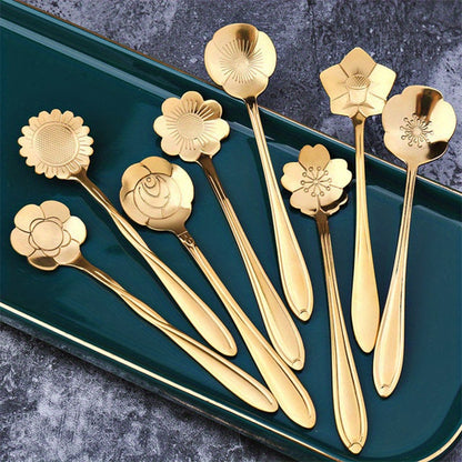 8pcs Flower Spoon Set Small Teaspoon Coffee Spoon Cute Ice Cream Dessert Honey Spoon Stainless Steel Kitchen Props