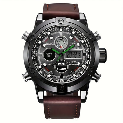 Dual-display Fashion Watch Leather Belt Men's Watch Multi-function Sports Electronic Watch Ideal Choice For Gifts