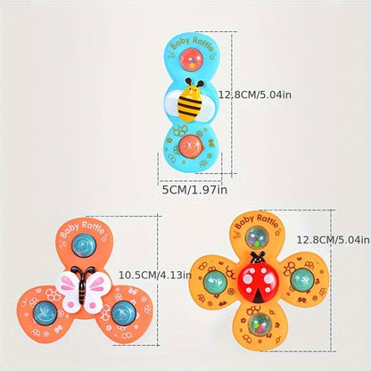 3pcs Insect-shaped Cute Rotating Suction Cup Toys With Bee, Butterfly, And Ladybug Designs, A Toy For Boys And Children To Soothe Emotions.