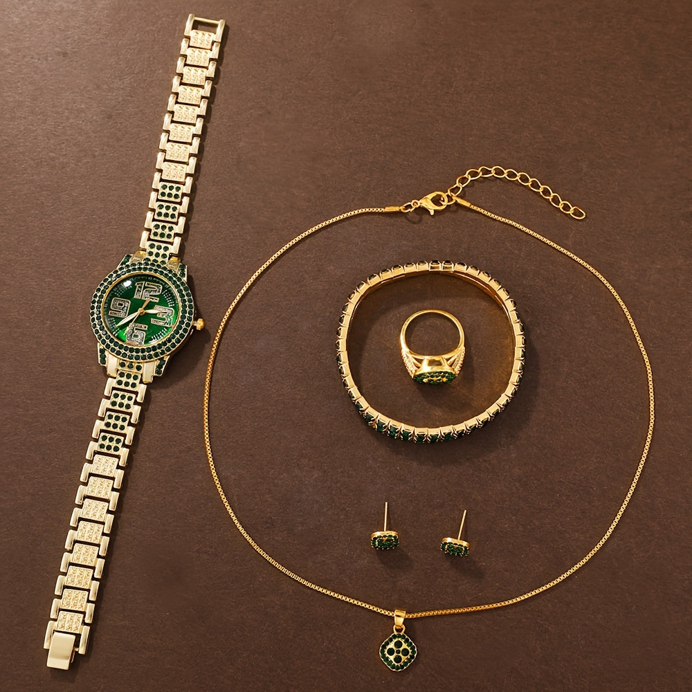 "Dazzling Digital" Luxury 6-Piece Women'S Fashion Set: Green Rhinestone Quartz Watch With Gold Band & Matching Jewelry - Perfect Gift For Her