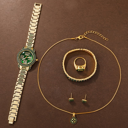 "Dazzling Digital" Luxury 6-Piece Women'S Fashion Set: Green Rhinestone Quartz Watch With Gold Band & Matching Jewelry - Perfect Gift For Her