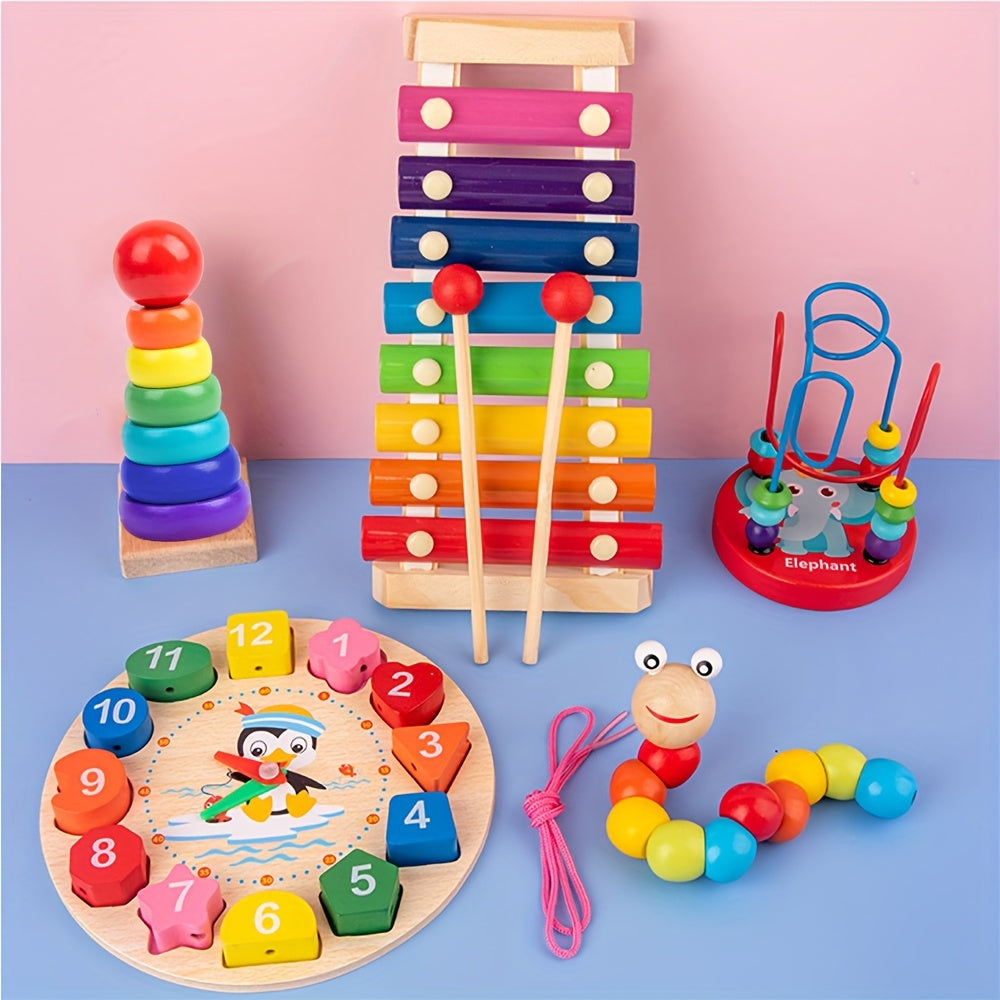 5-in-1 Montessori Nursery Wooden Eight Piano Set Gifts, Enlightenment Clock Toys, Caterpillar Shaped, Multifunctional Teaching Toys, Building Blocks Focus Exercise Toys