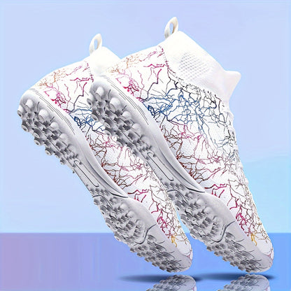 Men's Trendy Color Intrigue Striped TF Football Shoes With Collar, Professional Non Slip Durable Soccer Shoes For Outdoor Training Competition, All Seasons