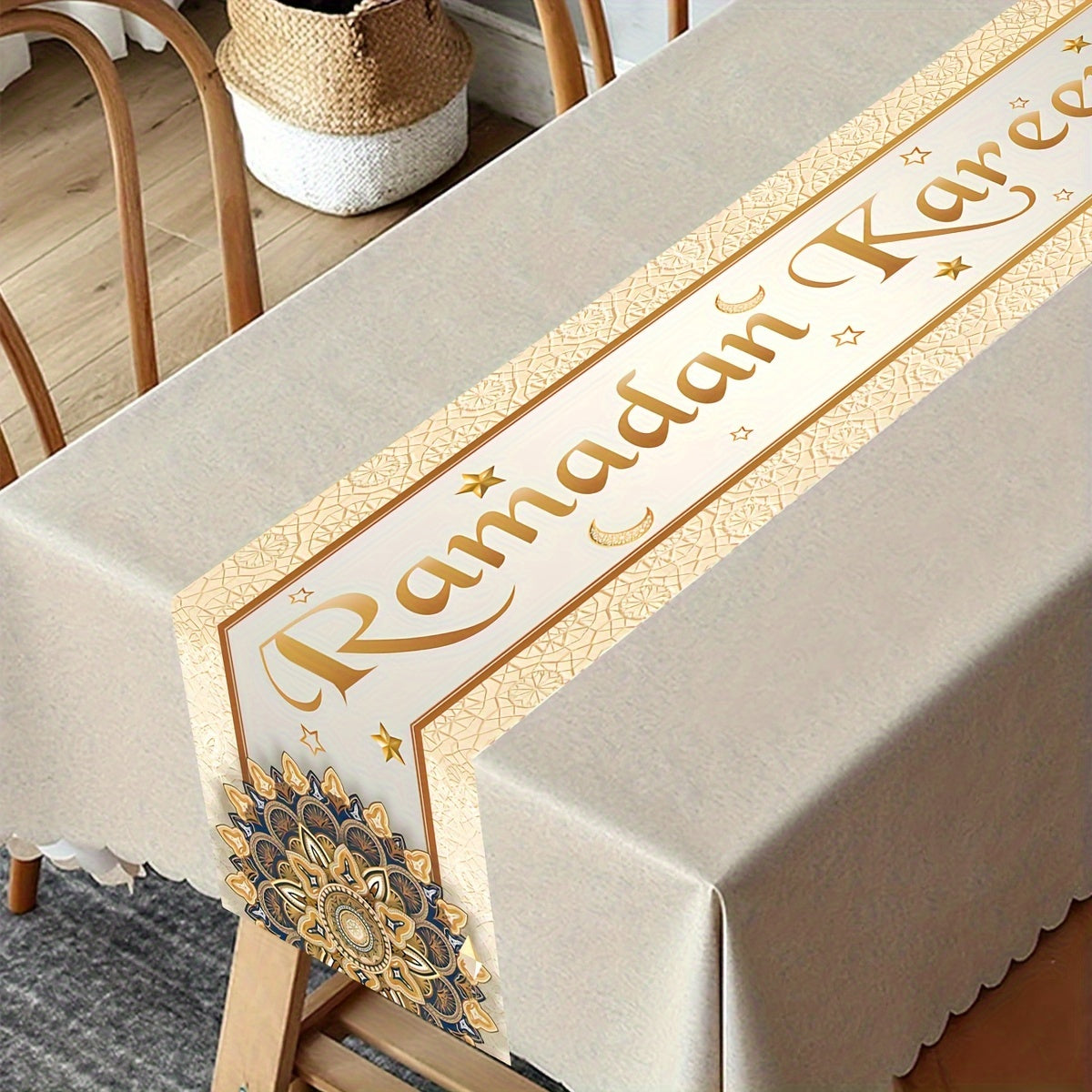 1pc, Ramadan Kareem Table Flag, Polyester Table Flag, 35x180CM, Suitable For Eid Table Decoration, Table Decor, Party Decor, Party Supplies, Holiday Decor, Holiday Supplies