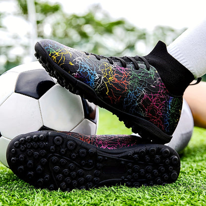 Men's Trendy Color Intrigue Striped TF Football Shoes With Collar, Professional Non Slip Durable Soccer Shoes For Outdoor Training Competition, All Seasons