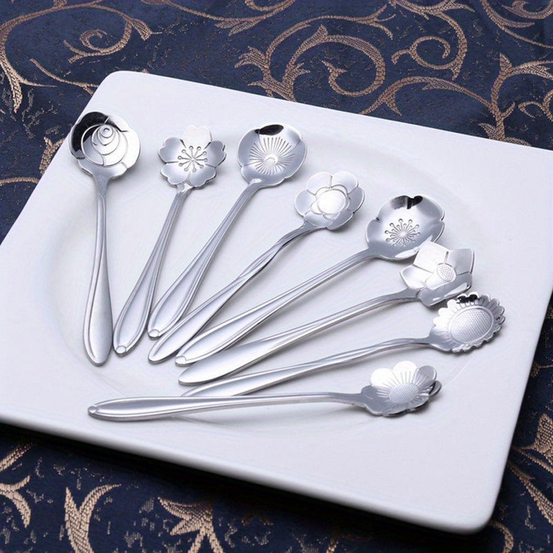 8pcs Flower Spoon Set Small Teaspoon Coffee Spoon Cute Ice Cream Dessert Honey Spoon Stainless Steel Kitchen Props