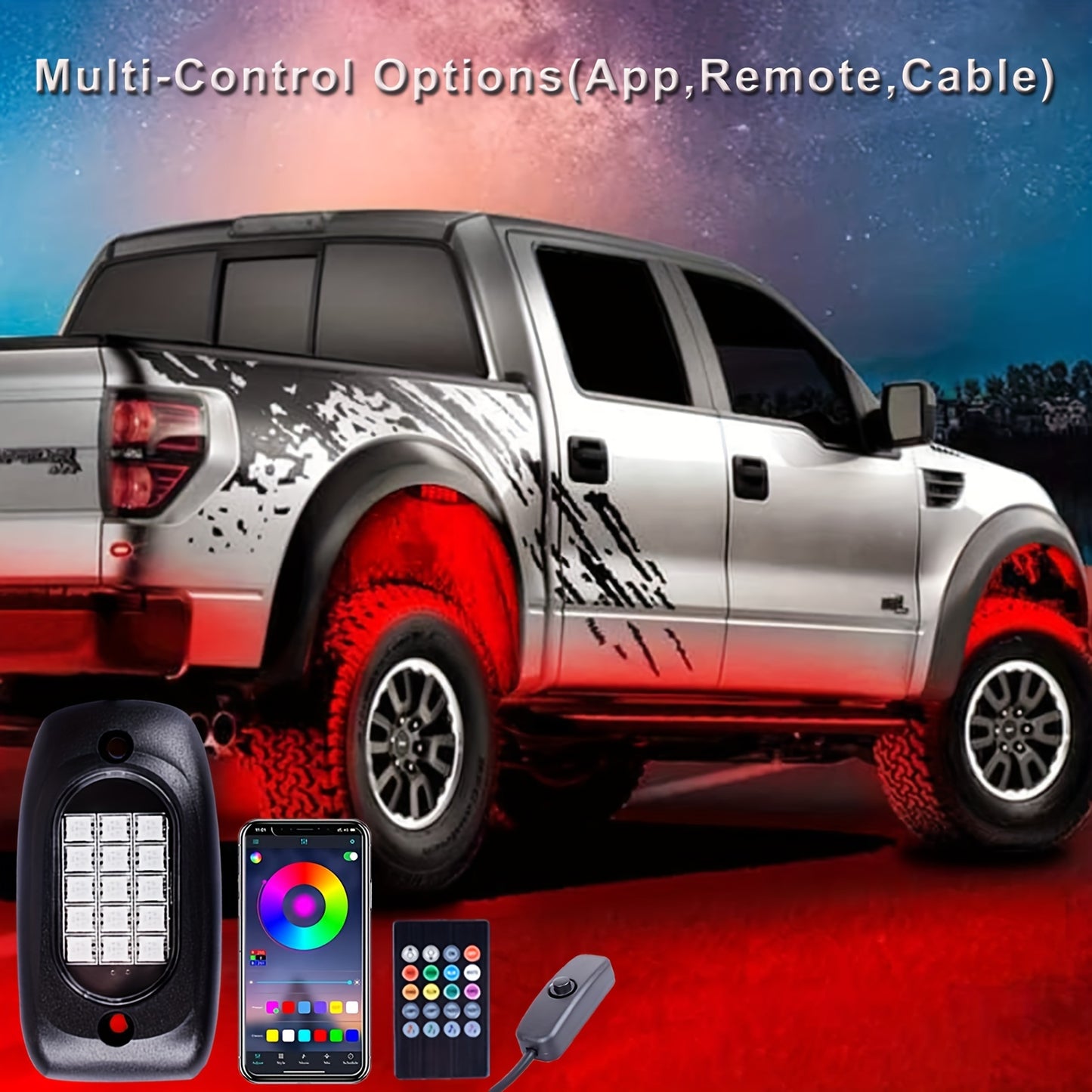 4-Pod Multicolor LED Rock Lights - Vibrant RGB Underglow Neon Lights with APP Control, Music Mode, Waterproof and Adjustable Mounting for Truck, Car, UTV, ATV, SUV, and Jeep