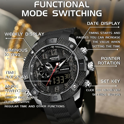 SANDA Men's Sports Watch, Analog Digital LED Electronic Quartz Men's Watch, Waterproof Alarm Stopwatch Countdown Week Multi-function Wristwatch Men's Birthday Holiday Gift 3308