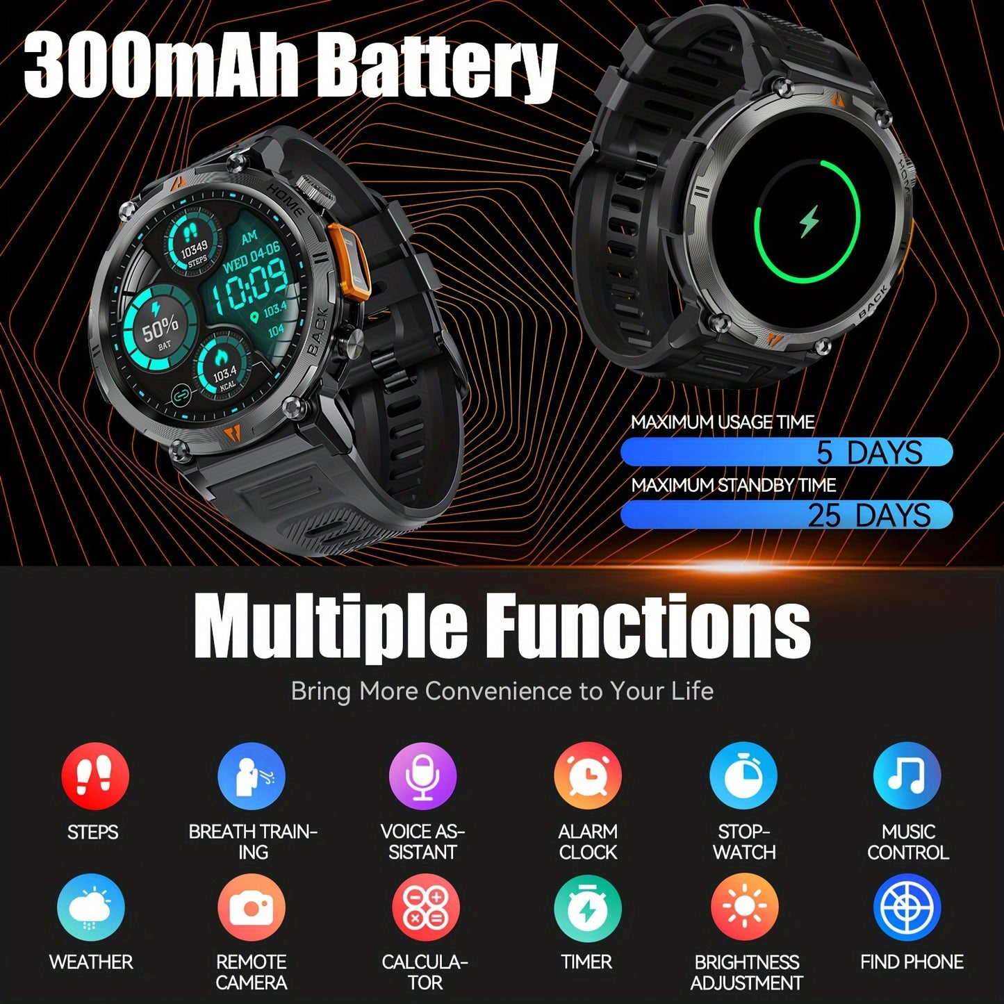 KE3 Sports Smart Watch for Men with Flashlight, LED Lighting, Answer/Make Calls, IPX8 Outdoor Sports Watch, Fitness Tracker, Pedometer, HD Touch Smartwatch, Smart Watches Compatible with iPhone And Android Phones