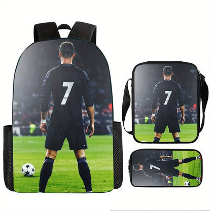 3pcs Backpack Set, Football Player Print, Suitable For Teenagers, Boys And Girls, Durable Lightweight, Suitable For Students