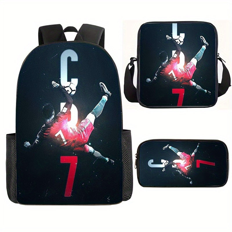 3pcs Backpack Set, Football Player Print, Suitable For Teenagers, Boys And Girls, Durable Lightweight, Suitable For Students